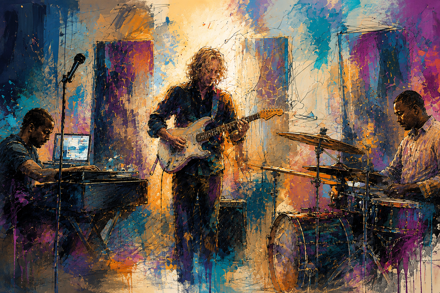 Abstract artwork of a jazz trio performing